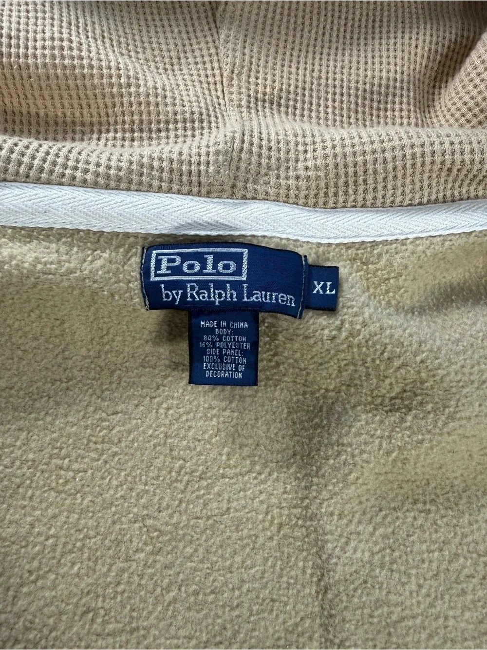 Vintage Polo Ralph Lauren Beige Full Zip Hoodie Men's Sz XL Waffle Lined